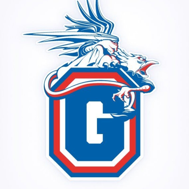 A stylized griffin with flowing blue hair clutches a shield with a white "C" on a blue background, bordered by red and white, against a plain white background.