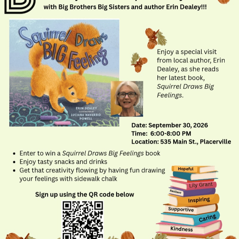 A flyer advertises a book reading by author Erin Dealey, featuring a cartoon squirrel on the book cover in the foreground and event details in the background.