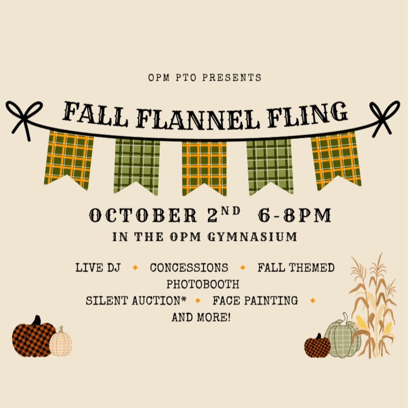 A fall-themed banner with plaid patterns hangs above event details, while pumpkins and corn stalks adorn the bottom corners.