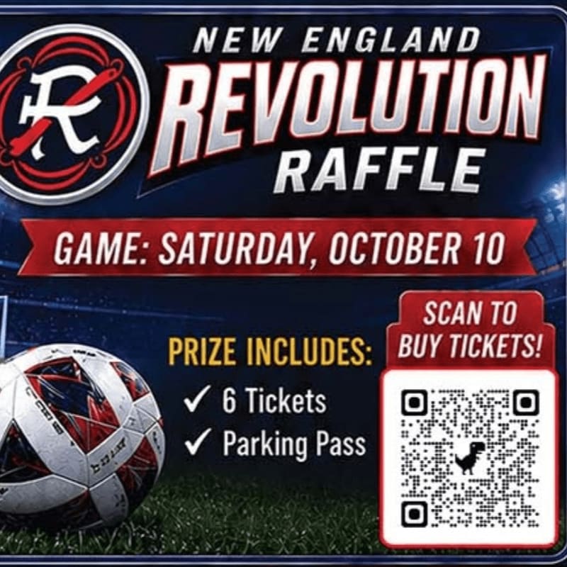 A soccer ball rests on green turf in the foreground, with a New England Revolution raffle advertisement featuring game details and a QR code against a stadium background.