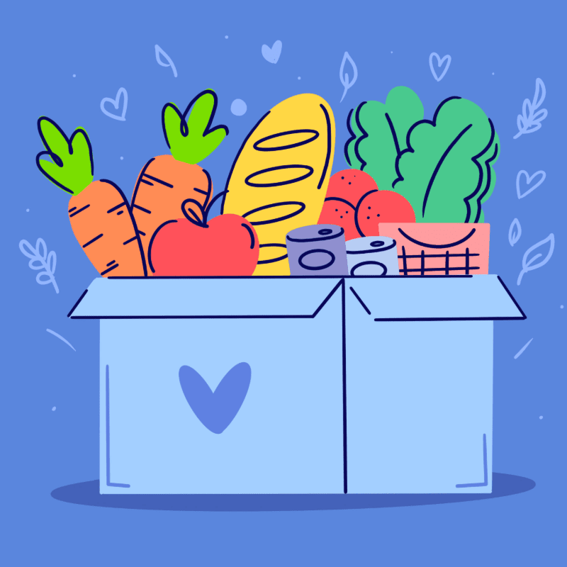 A light blue box filled with groceries like carrots, bread, and cans sits on a blue surface, with a blue background adorned with small hearts and leafy branches.