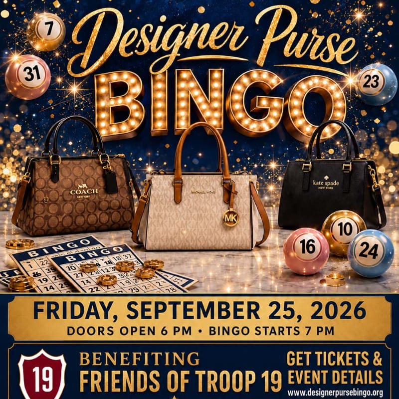 Designer purses and bingo cards are in the foreground, with a sparkling, starry background advertising a "Designer Purse BINGO" event.