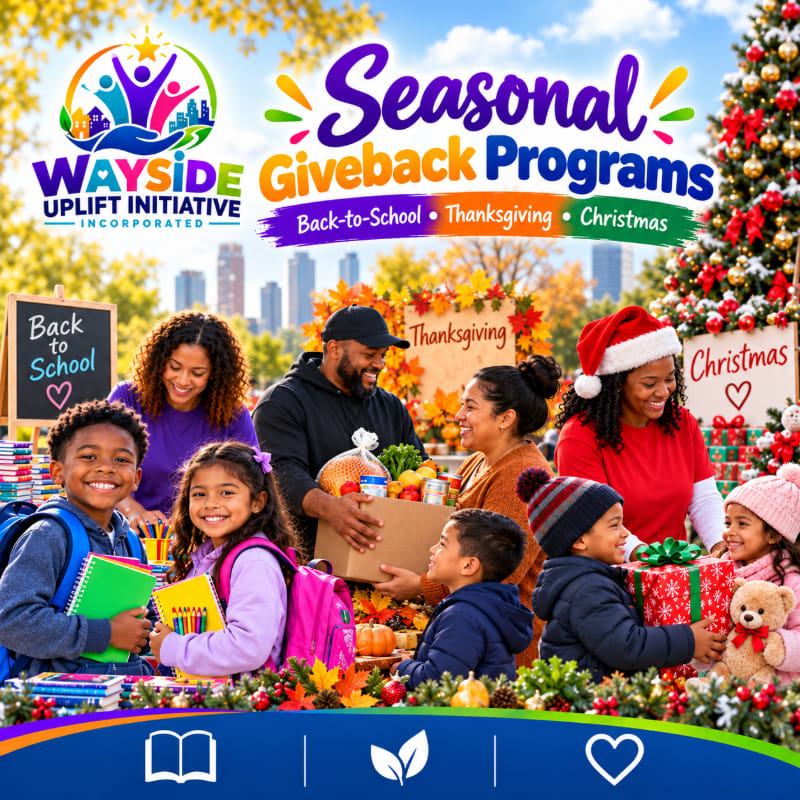 A diverse group of smiling people, including children with backpacks and gifts, are gathered in the foreground, while a festive Christmas tree and autumnal decorations are visible in the background.