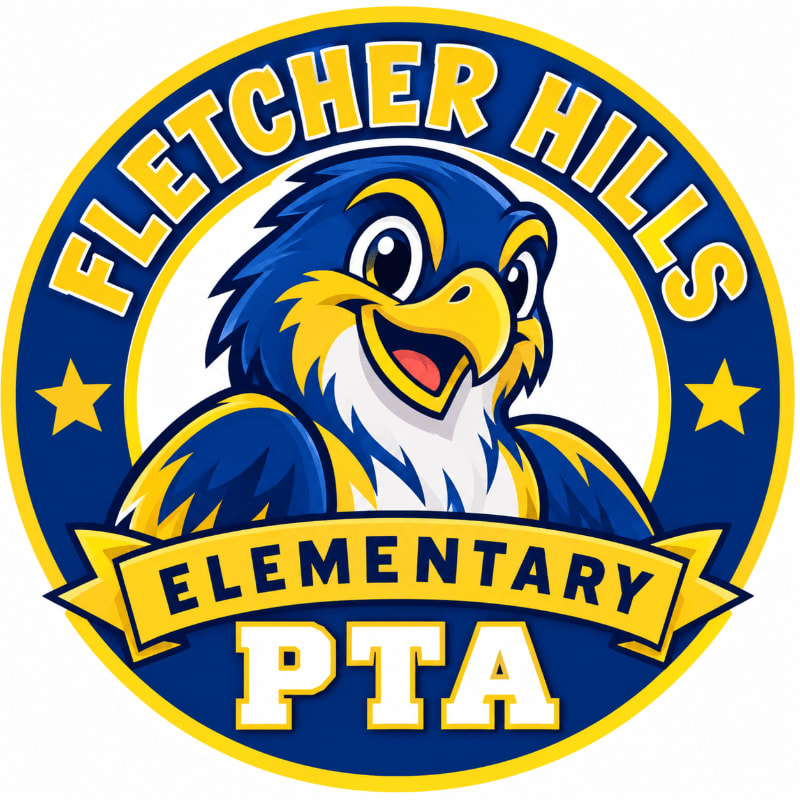 A cartoon falcon with a wide smile is featured in the foreground, with the words "Fletcher Hills Elementary PTA" encircling it against a white background.