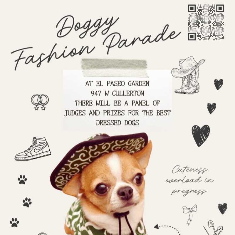 A chihuahua in a sombrero and vest is featured in the foreground, with event details for a "Doggy Fashion Parade" and various doodles in the background.