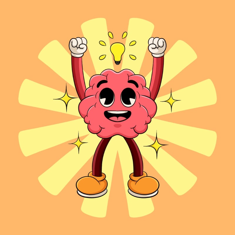 A cartoon brain with its arms raised in victory, a lightbulb glowing above its head, stands against a radiating yellow and orange background with sparkling stars.
