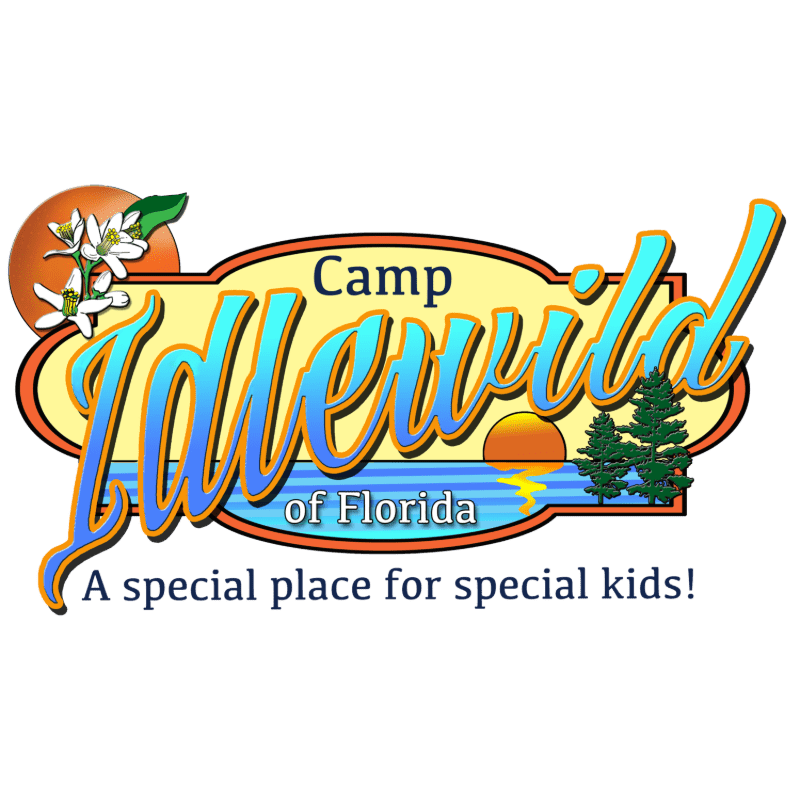 A logo for Camp Idlewild of Florida features a stylized orange blossom and fruit in the foreground, with a sunset over water and pine trees in the background.