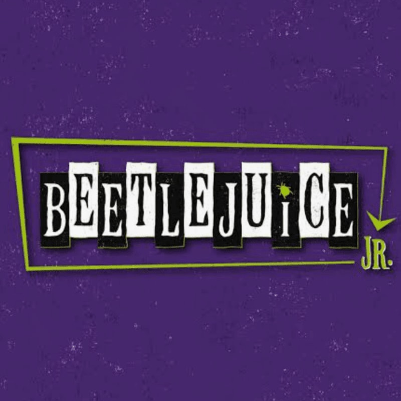 The foreground displays the "BEETLEJUICE JR." logo in white block letters on black rectangles, framed by a lime green border, against a textured purple background.