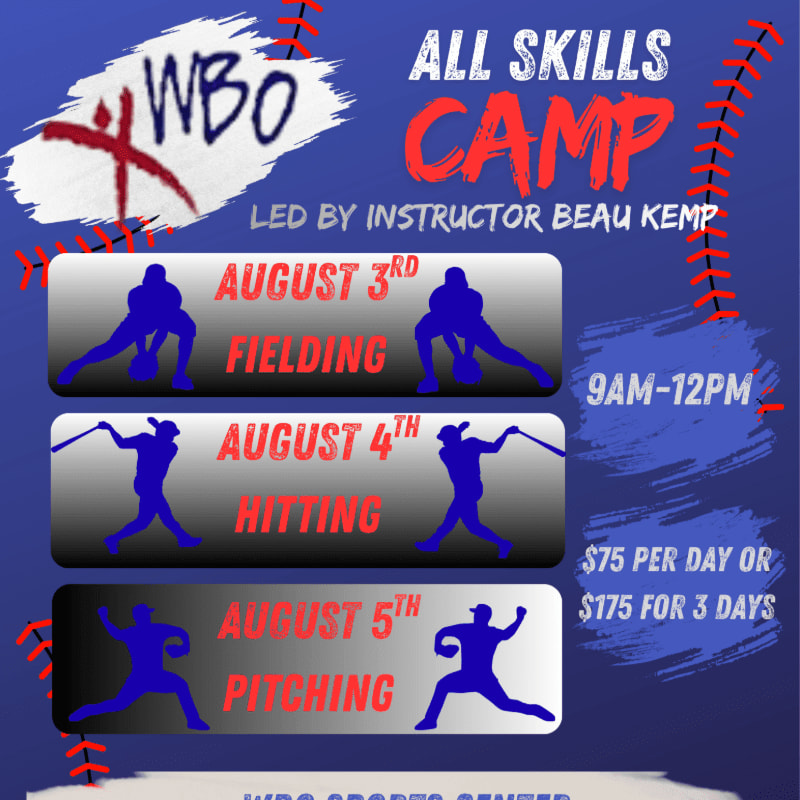 Silhouetted baseball players in the foreground are positioned around text detailing an "All Skills Camp" led by instructor Beau Kemp, set against a blue background with baseball stitching.