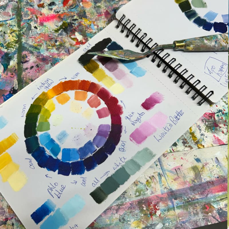 A spiral color wheel and paint swatches are laid out on a messy artist's palette, with a palette knife resting on the open sketchbook.