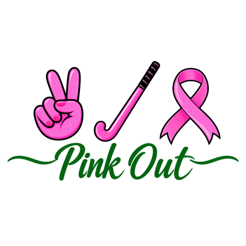 A pink peace sign, hockey stick, and ribbon are displayed above the green text "Pink Out" on a white background.