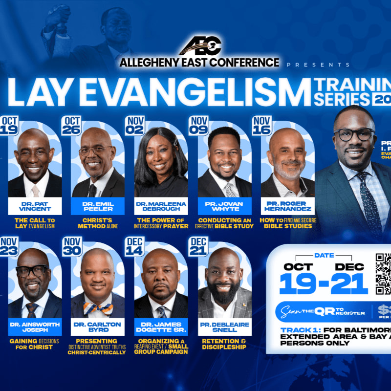 The foreground features a grid of portraits of speakers with their names and topics, while the background displays the Allegheny East Conference logo and event title.
