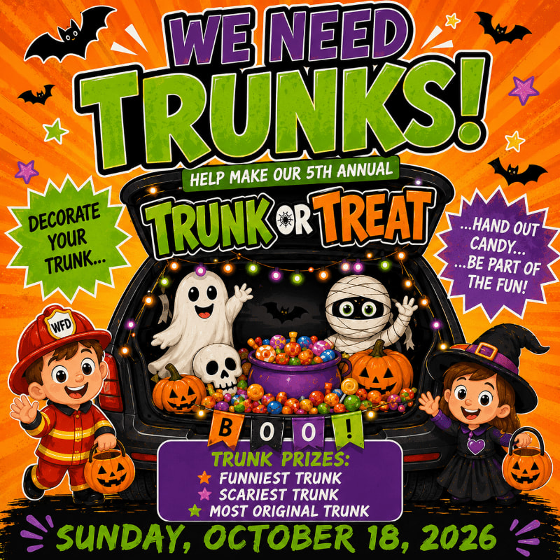 A festive Halloween poster advertises a "Trunk or Treat" event with cartoon children in costumes in the foreground and a decorated car trunk filled with candy in the background.