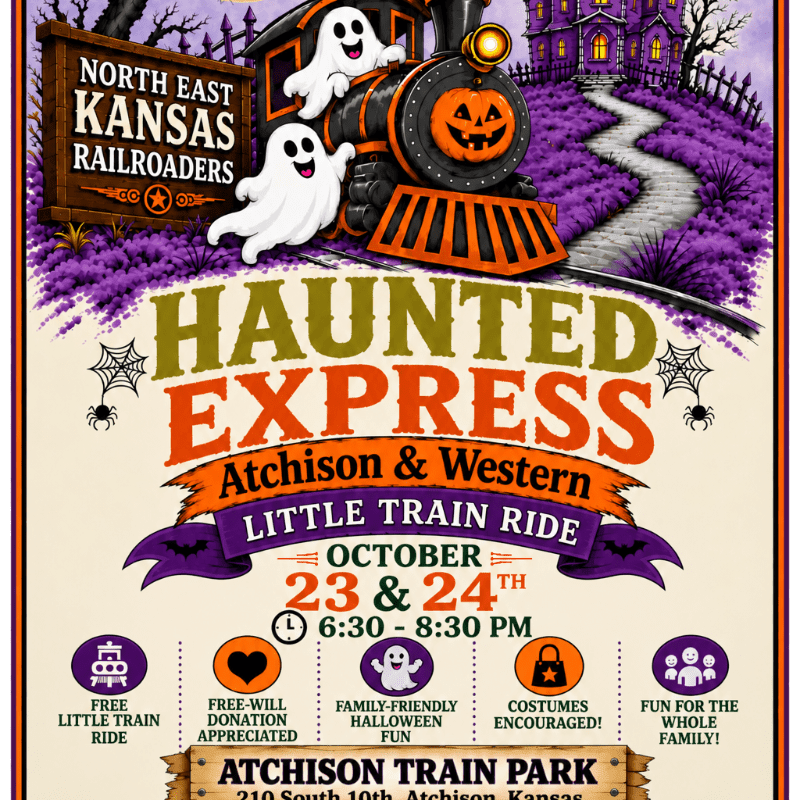 A spooky Halloween train with ghost passengers is featured in the foreground, set against a backdrop of a haunted house and purple, misty hills.
