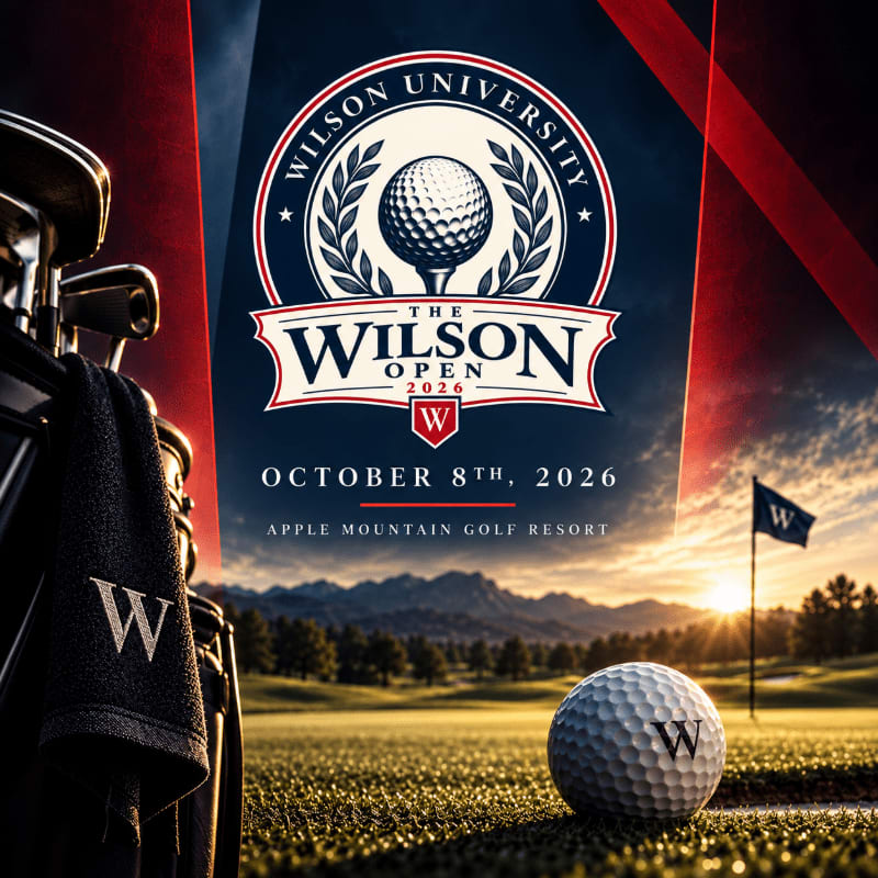 A golf bag with a towel hangs in the foreground, while a golf ball rests on the green in front of a sunset over Apple Mountain Golf Resort, all under a banner for the Wilson Open 2026.