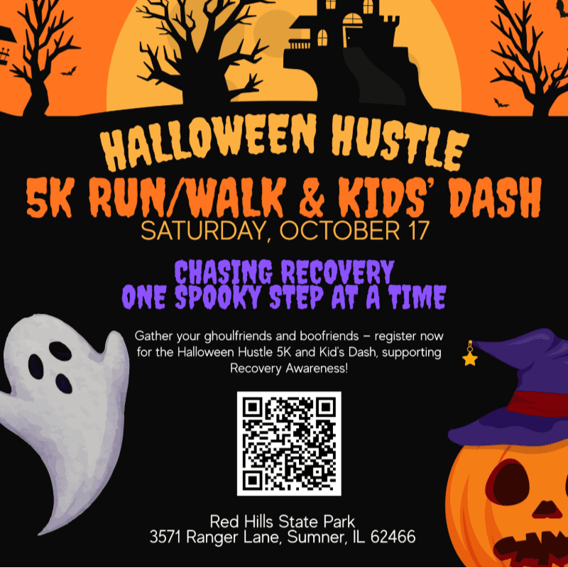 A friendly ghost and a pumpkin with a witch hat are in the foreground, while a spooky Halloween scene with a castle and bare trees is in the background, advertising the "Halloween Hustle 5K Run/Walk & Kids' Dash."