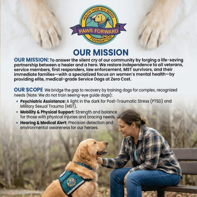 A golden retriever service dog sits attentively beside a woman on a park bench, with the Paws Forward Foundation mission statement and logo above.