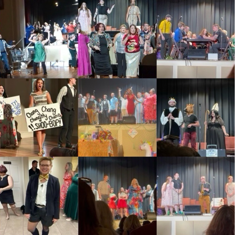 In the foreground, people in costumes pose and perform, while the background shows stages and audiences at various events.