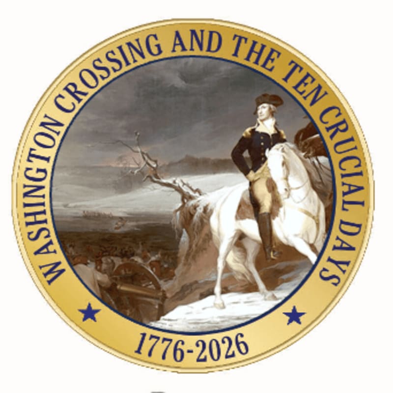 A painting within a circular emblem shows George Washington on horseback in the foreground, looking towards a battle scene in the snowy background, with text around the border.