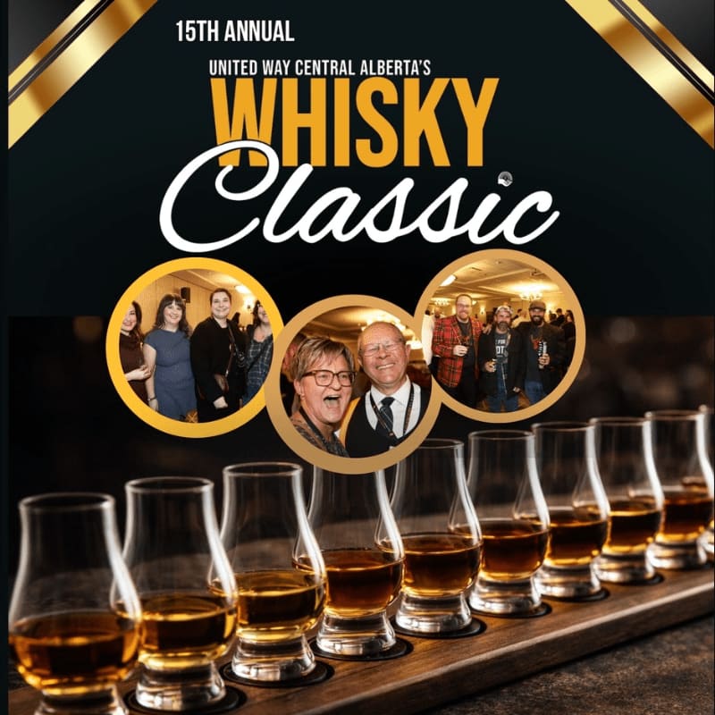 A row of whisky glasses in the foreground leads to circular photos of smiling people at an event in the background, all under a banner advertising the 15th Annual United Way Central Alberta's Whisky Classic.
