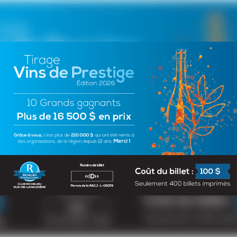 A blue background with text about a wine raffle and a stylized bottle and leaves in the upper right corner, while the bottom features ticket details and logos.