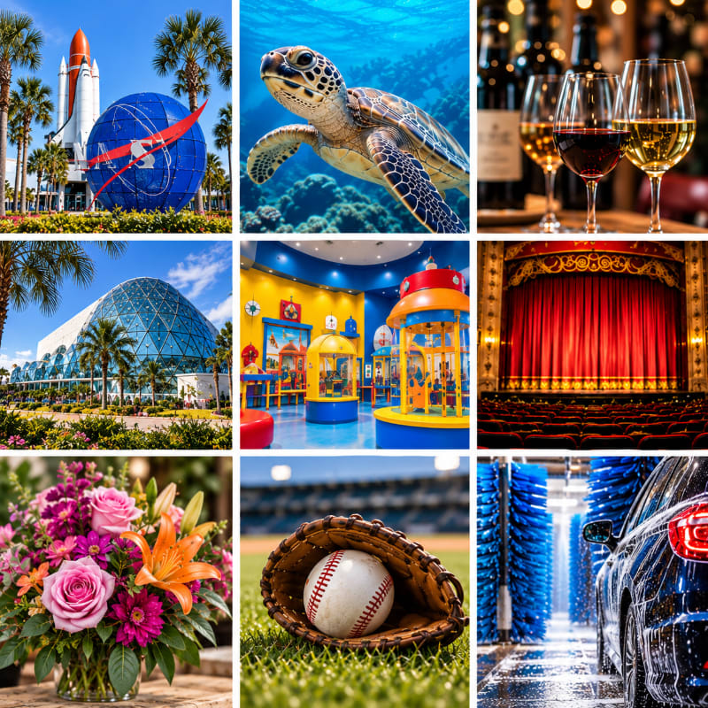 A collage of nine images features a space shuttle in the foreground and palm trees in the background, a sea turtle swimming underwater, wine glasses filled with red and white wine, a geodesic dome building with lush greenery, a colorful children's play area, a theater stage with red curtains, a bouquet of flowers, a baseball in a glove on grass, and a car being washed.
