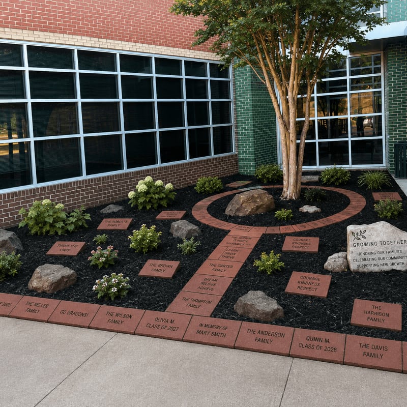 A tree stands in a garden bed of black mulch, surrounded by engraved bricks and rocks, with a modern brick building in the background.