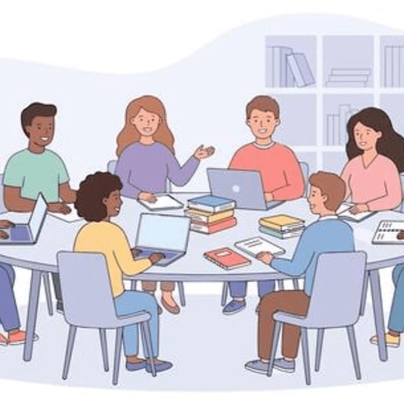 A diverse group of people are gathered around a table with laptops and books, while bookshelves are visible in the background.