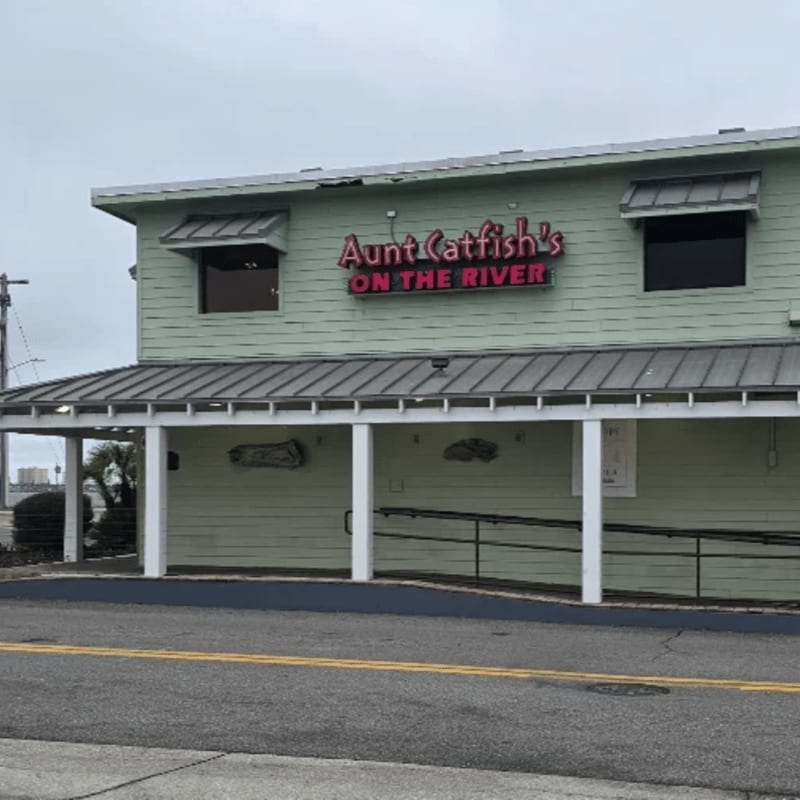 A light green building with "Aunt Catfish's On The River" signage sits behind a covered porch with white pillars, while a gray road with a yellow line runs in the foreground.