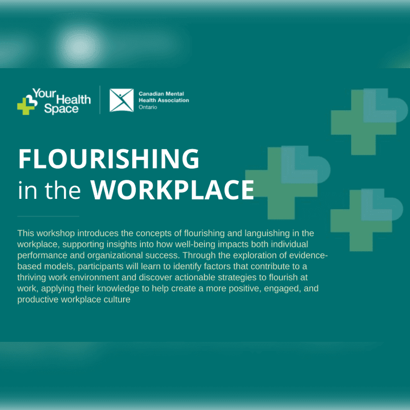 Green crosses are scattered across a teal background, with the title "FLOURISHING in the WORKPLACE" and descriptive text in the foreground.