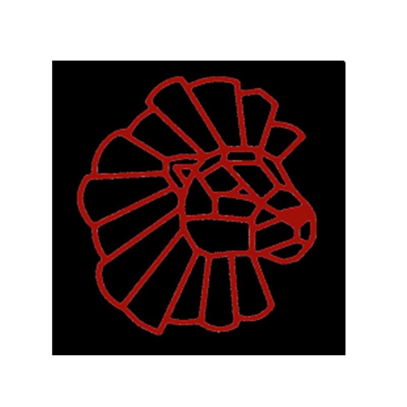 A stylized red lion's head with a segmented mane is outlined against a solid black background.