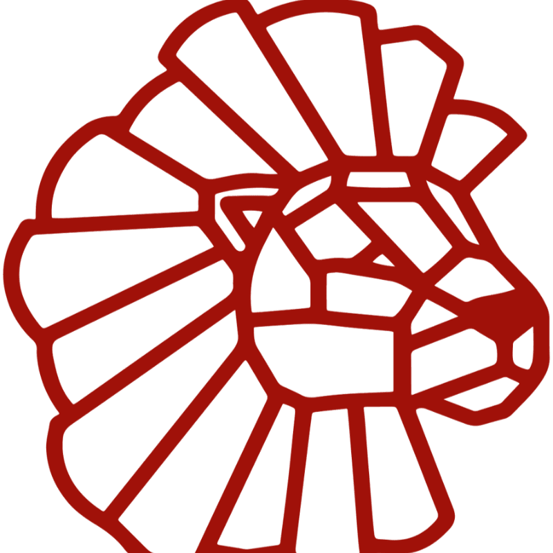 A stylized red lion's head with a geometric mane is set against a plain white background.