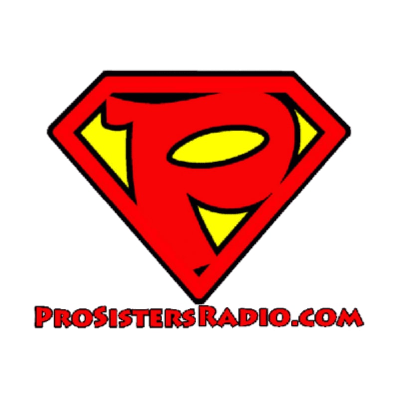 A red and yellow Superman-style logo with a "P" in the center is positioned above the text "PROSISTERSRADIO.COM" on a white background.