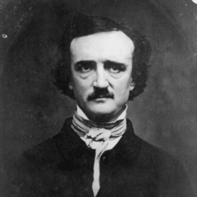 A stern-faced Edgar Allan Poe, with his signature mustache and dark, curly hair, is captured in a formal portrait against a dark, indistinct background.