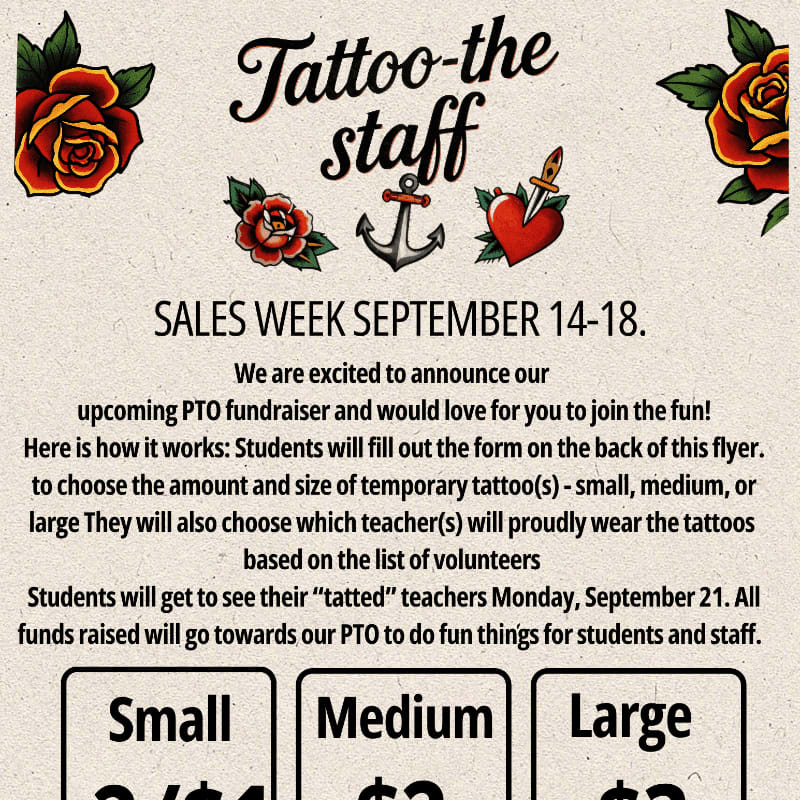 In the foreground, three boxes labeled "Small," "Medium," and "Large" are visible, while the background features decorative roses, a heart with a dagger, and an anchor surrounding the title "Tattoo-the staff."