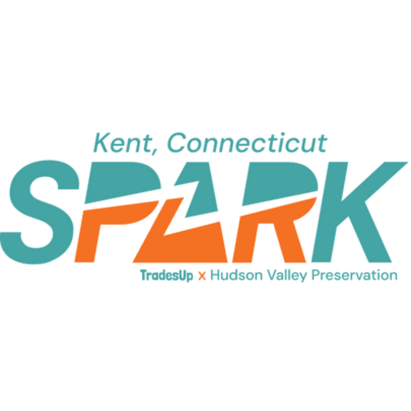 The foreground features the word "SPARK" in large, colorful letters, with "Kent, Connecticut" above and "TradesUp x Hudson Valley Preservation" below, all set against a plain white background.