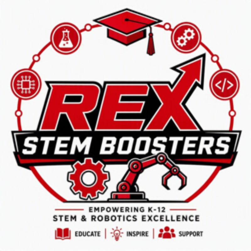 A red and black circular logo for "REX STEM BOOSTERS" features a robotic arm in the foreground and various STEM icons surrounding the text in the background.
