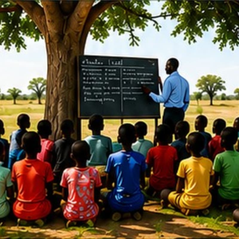 Children in colorful shirts sit on the ground facing a blackboard under a large tree, with a teacher pointing to the board in a grassy, open field with scattered trees in the background.