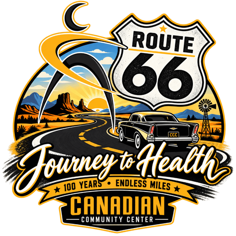 A vintage car drives along a winding Route 66 road with a desert landscape and a setting sun in the background, under a stylized crescent moon and the text "Journey to Health" and "Canadian Community Center."