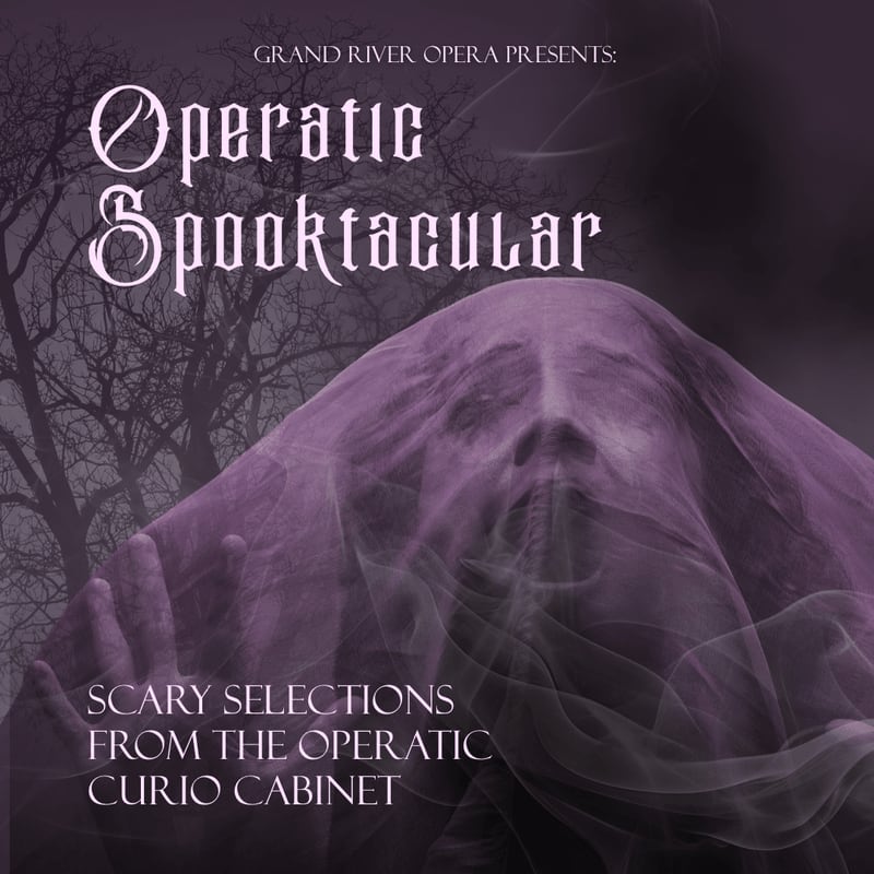 A ghostly face covered by sheer fabric emerges from a dark, misty background with silhouetted trees and the title "Operatic Spooktacular" in ornate lettering.