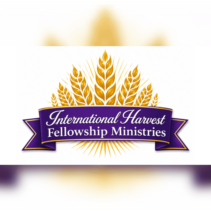 Golden wheat stalks arch over a purple ribbon with white text reading "International Harvest Fellowship Ministries" against a blurred golden and white background.