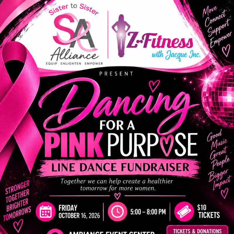 A pink ribbon and disco ball are in the foreground of a flyer for a "Dancing for a Pink Purpose" line dance fundraiser, with event details and sponsor logos in the background.