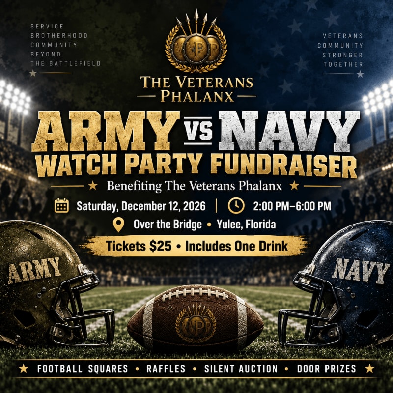 In the foreground, a football rests between two helmets, one labeled "ARMY" and the other "NAVY," while the background features a stadium filled with lights and text announcing an "ARMY VS NAVY WATCH PARTY FUNDRAISER."