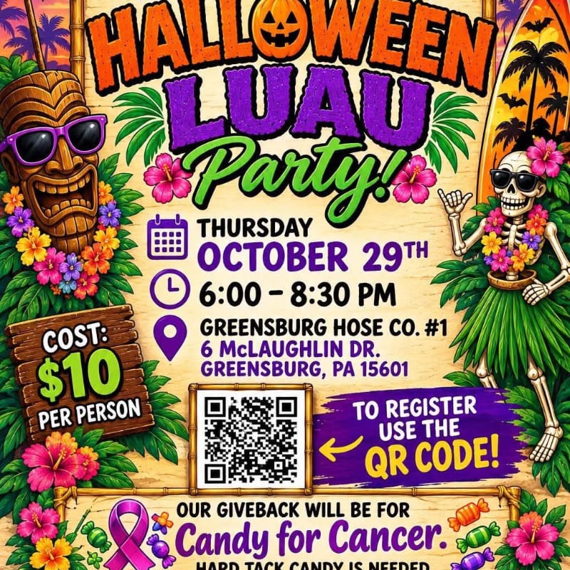 A Halloween Luau party invitation features a tiki mask and a skeleton in leis in the foreground, with tropical foliage and palm trees in the background.