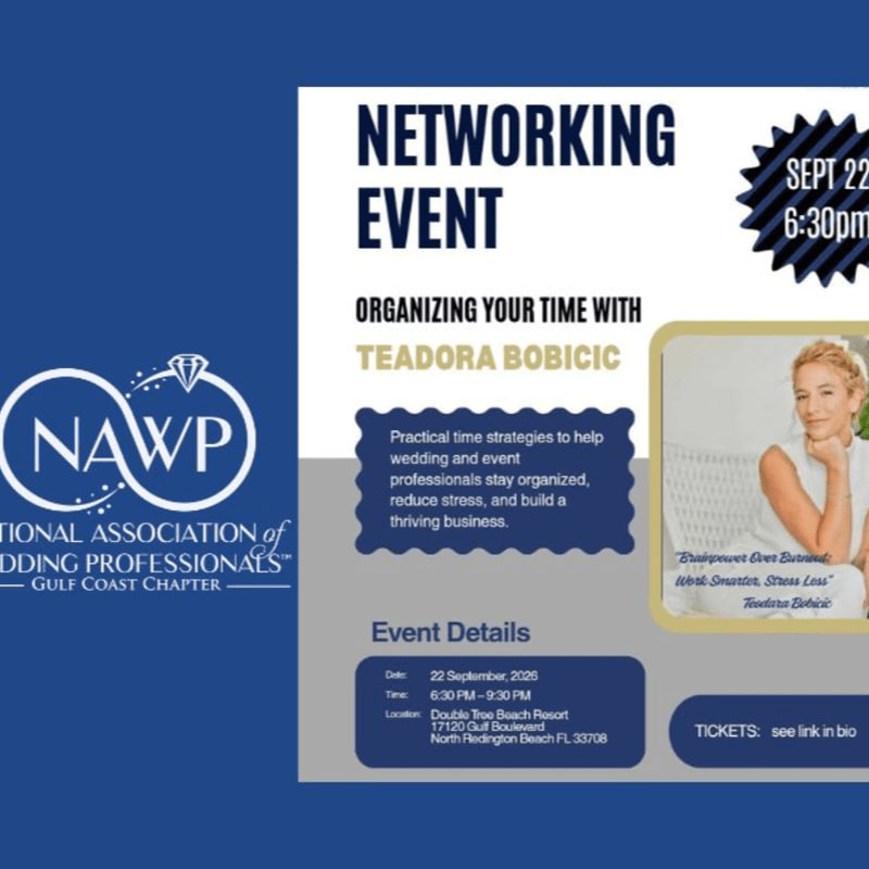 A blue and white flyer advertises a networking event with Teadora Bobicic, featuring event details and a photo of the speaker in the background.