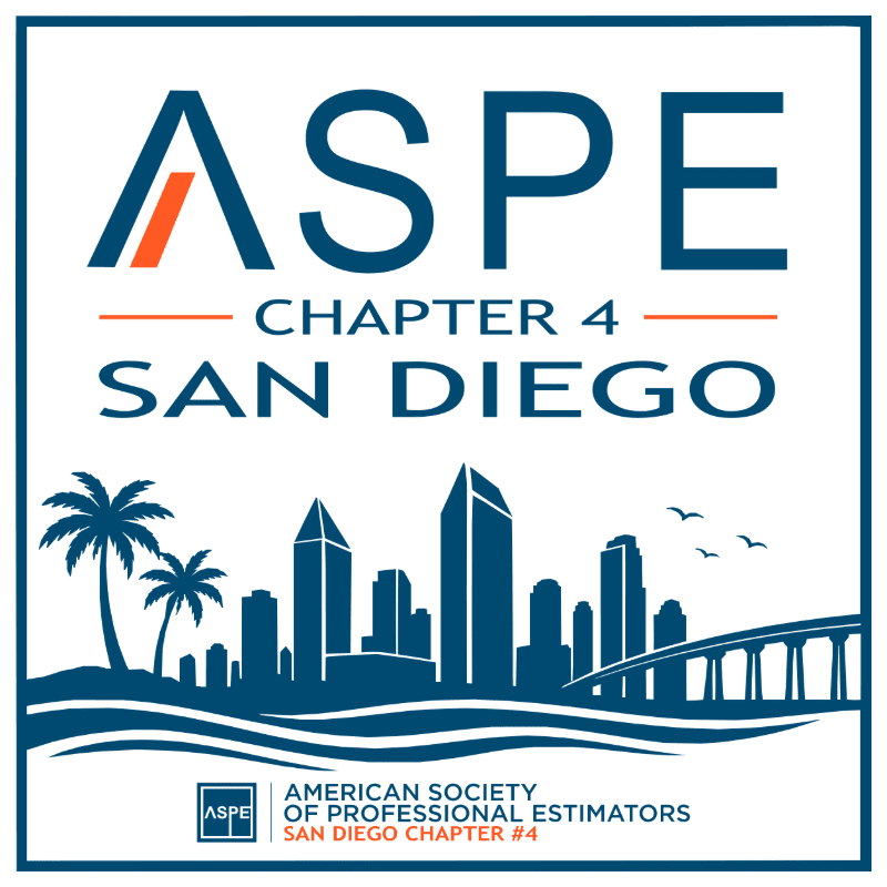 A blue and white logo for ASPE Chapter 4 San Diego features the organization's name and a silhouette of the San Diego skyline with palm trees in the foreground and a bridge in the background.