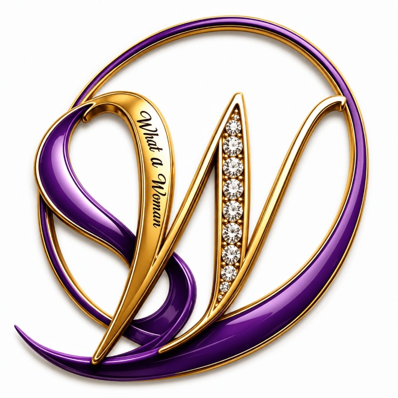 A golden "W" adorned with diamonds and the words "What a Woman" is elegantly intertwined with purple ribbons against a white background.