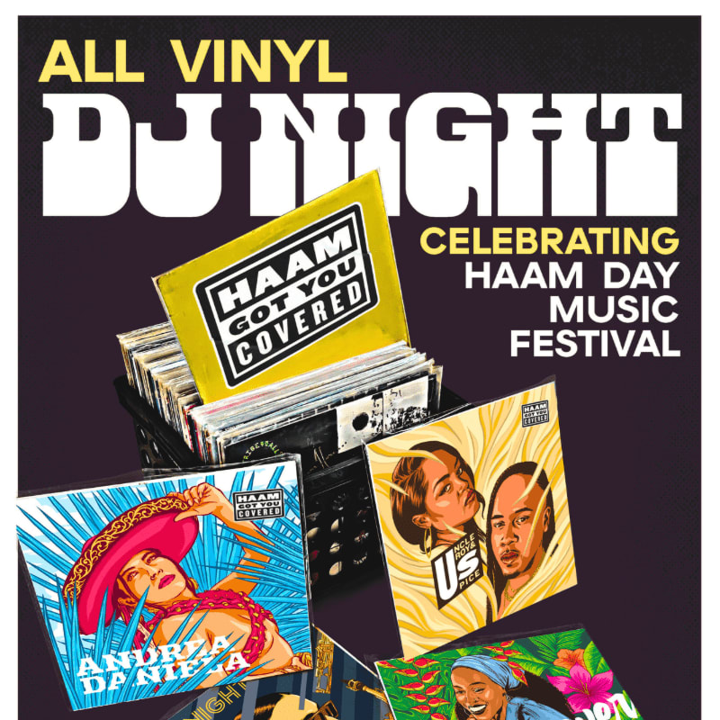 A basket of vinyl records with colorful album covers in the foreground is set against a dark background advertising an "All Vinyl DJ Night" celebrating HAAM Day.