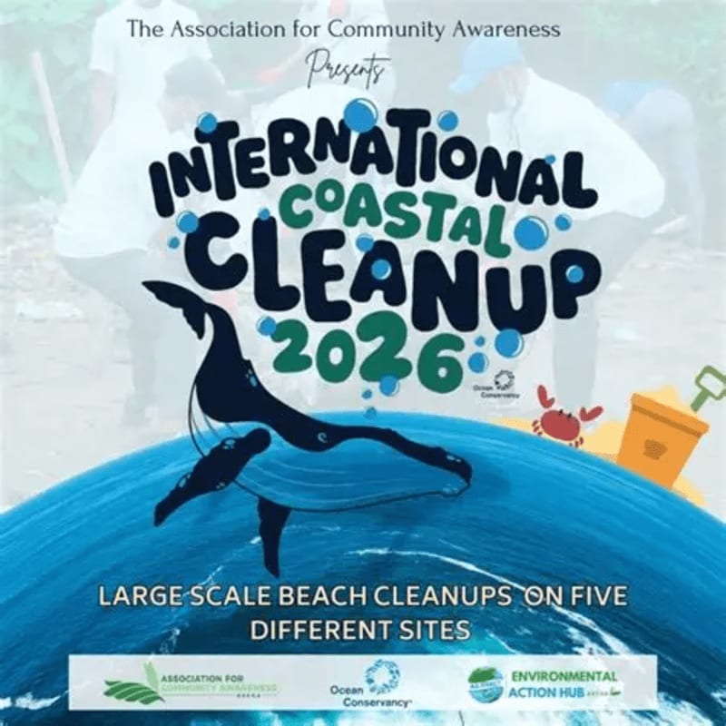 A stylized whale and crab are in the foreground against a blue wave, with text announcing "International Coastal Cleanup 2026" and sponsors in the background.
