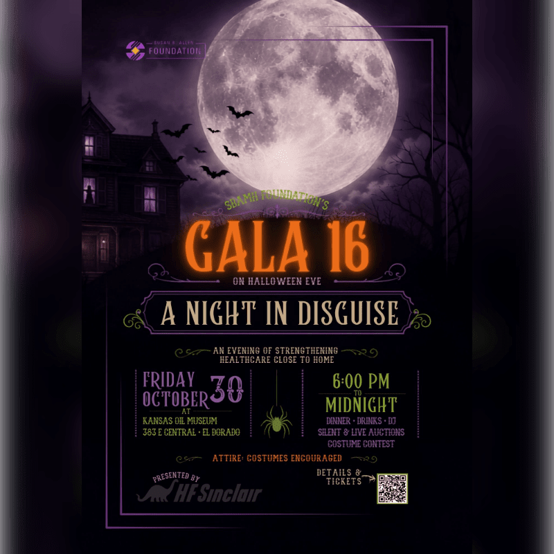 A spooky Halloween gala poster features a haunted house and bats in the background, with event details for "Gala 16: A Night in Disguise" in the foreground.